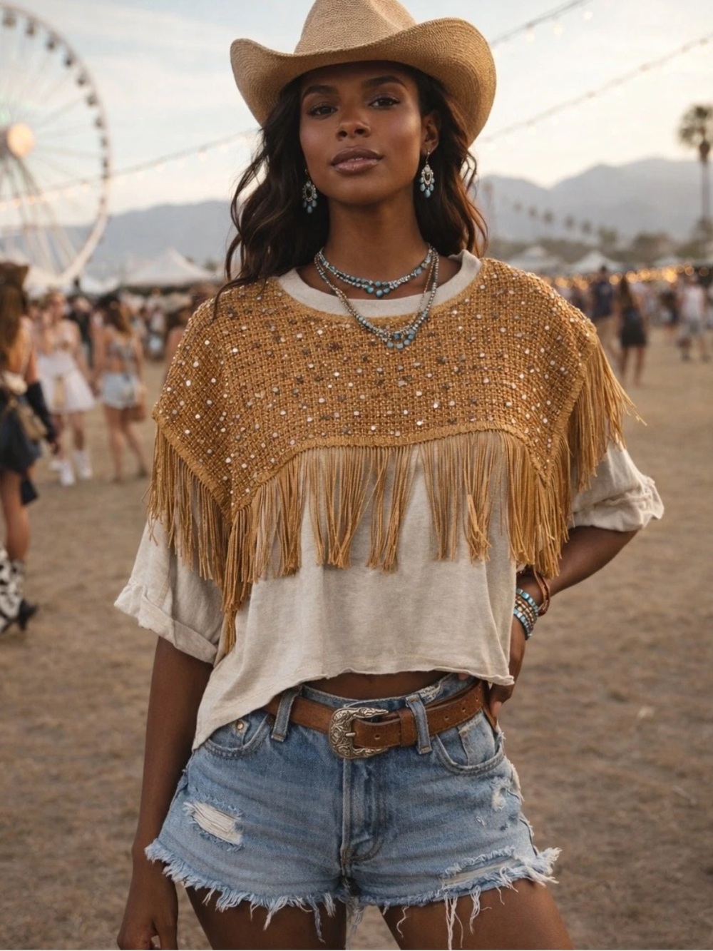 Free People Midnight Rodeo Top Fringe Rhinestone Western Boho Tee Medium